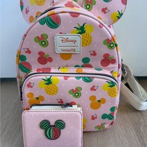 Disney Loungefly Pink Fruit Print Backpack and Wallet Set